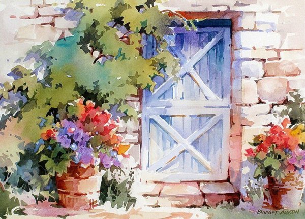 Окно с подоконником акварелью