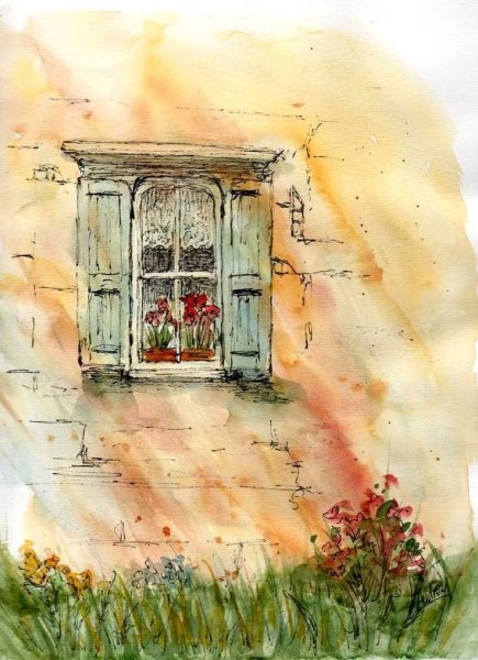 Акварель окно с цветами