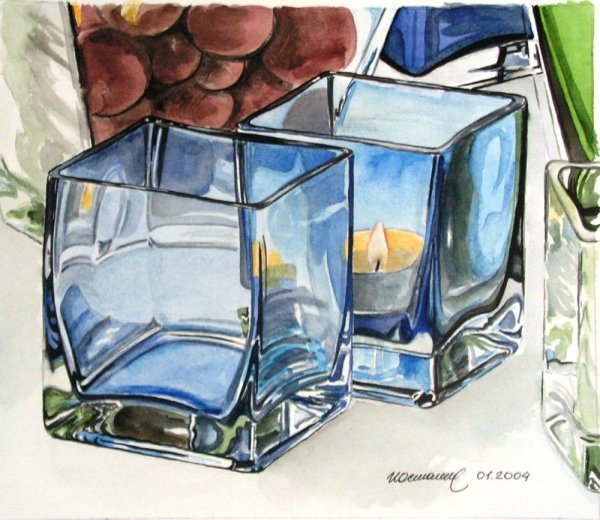 Стеклянные предметы акварелью