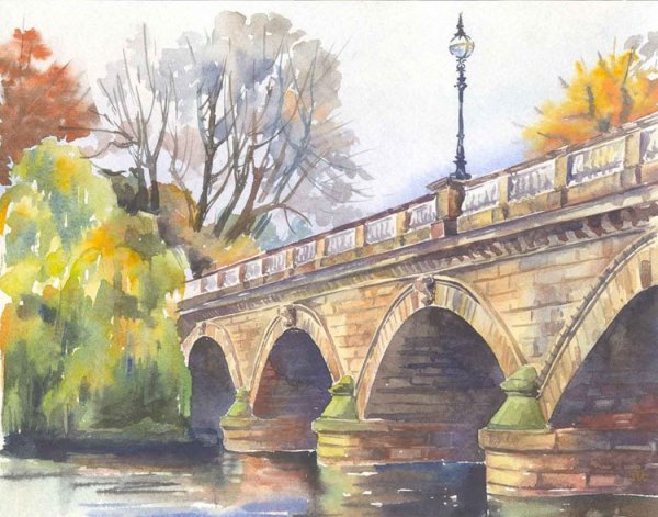 Пейзаж акварелью с мостом