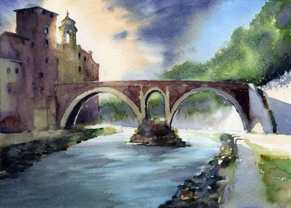 Акварельные пейзажи города с мостом