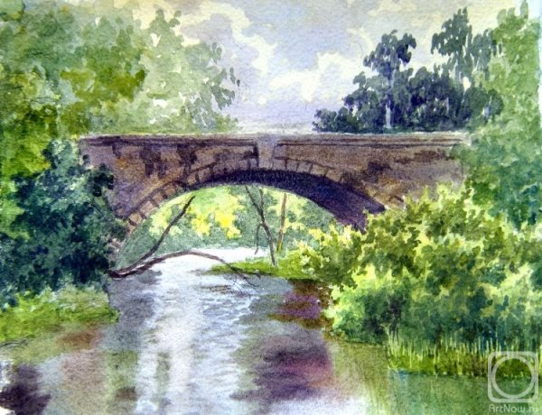 Пейзаж акварелью с мостом