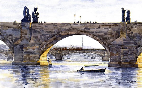 Акварель мосты Праги