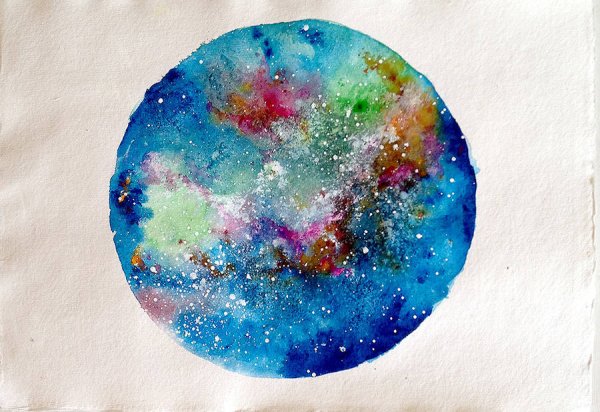 Космос рисунок акварелью