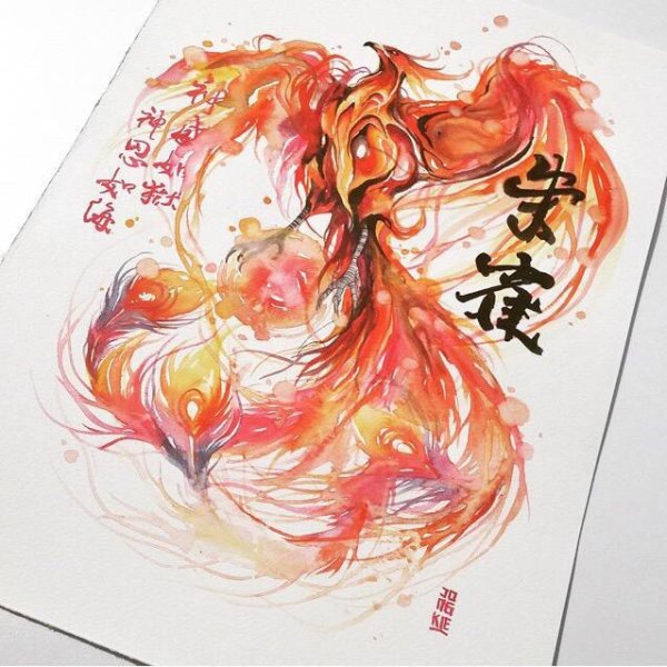 Птица Феникс акварель