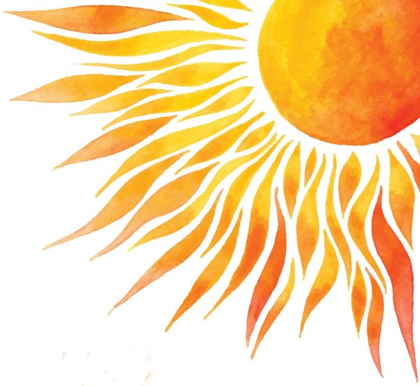 Солнце акварель на белом фоне