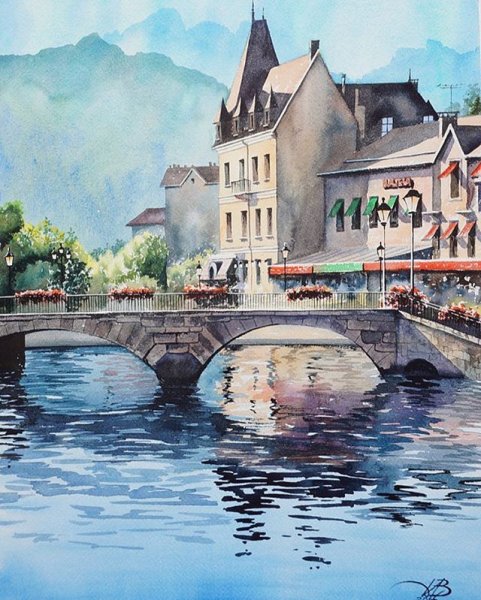 Пейзаж города акварелью