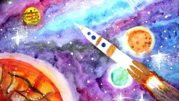 Космос рисунок акварелью для детей