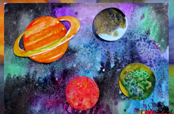Рисование акварелью и солью космос