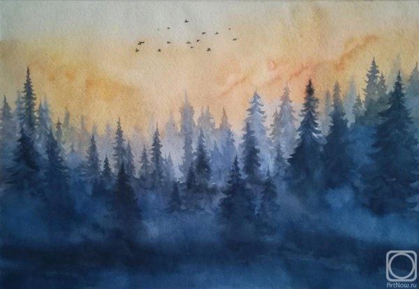 Пейзаж тайги акварелью