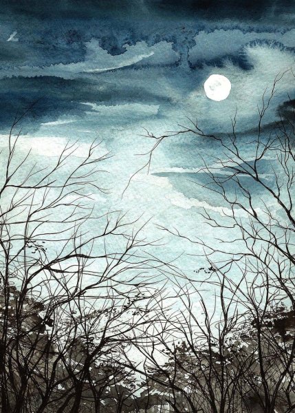 Ночной пейзаж акварелью