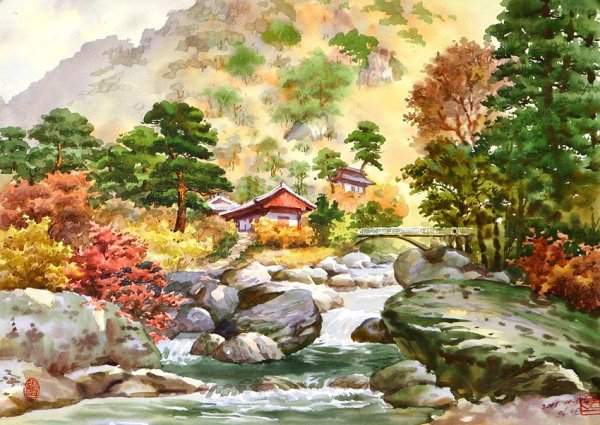 Корея пейзажи акварель