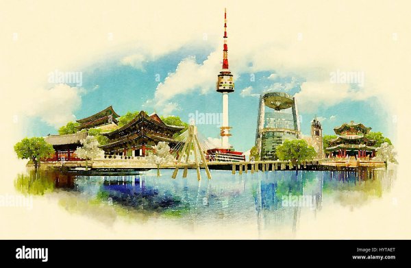 Акварель город Корея