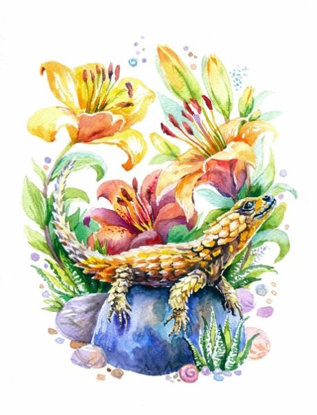 Ящерица акварель