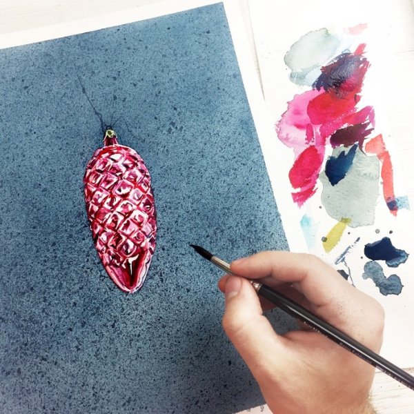 Открытка елочные игрушки акварелью