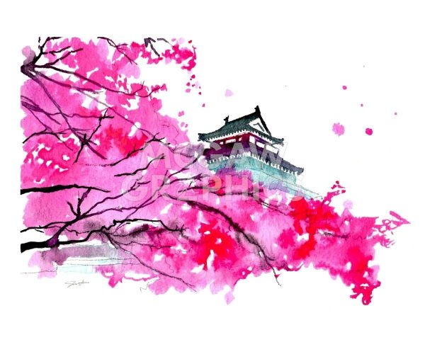 Япония пагода акварель