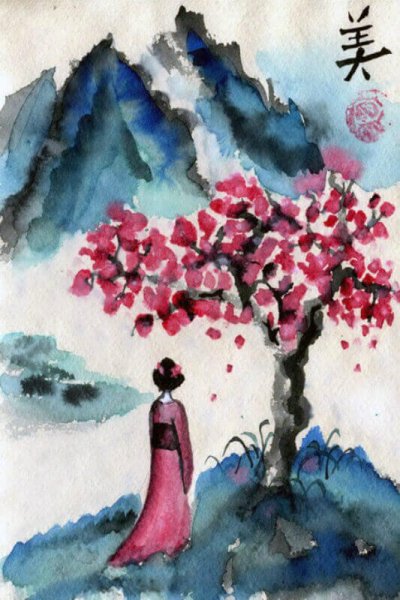 Китайская Акварельная живопись горы