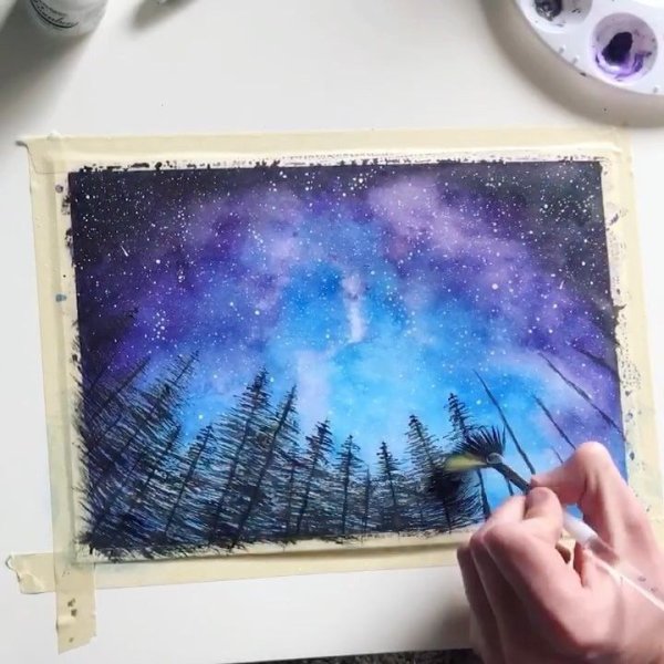 Рисование космоса акварелью