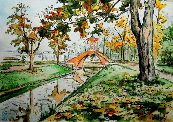 Парковый пейзаж акварель