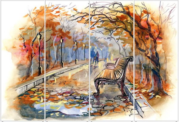 Скамейка в парке акварель