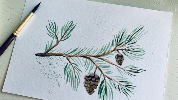 Рисование еловых веточек фломастерами для начинающих