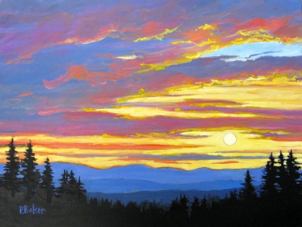 Закат в горах гуашью