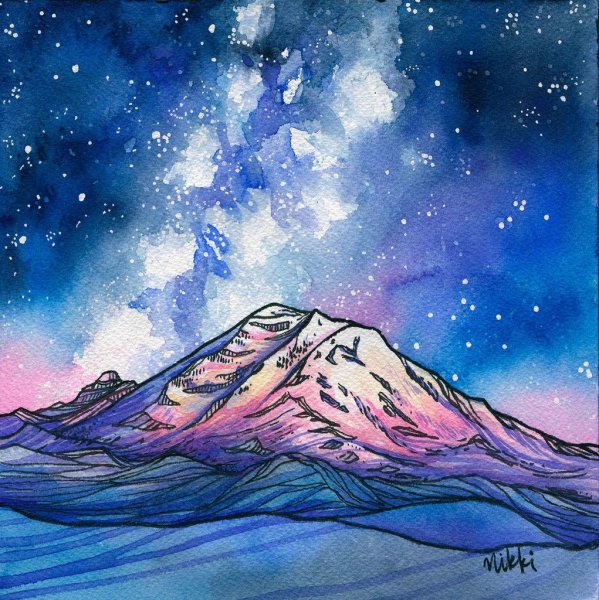 Горы ночью акварель