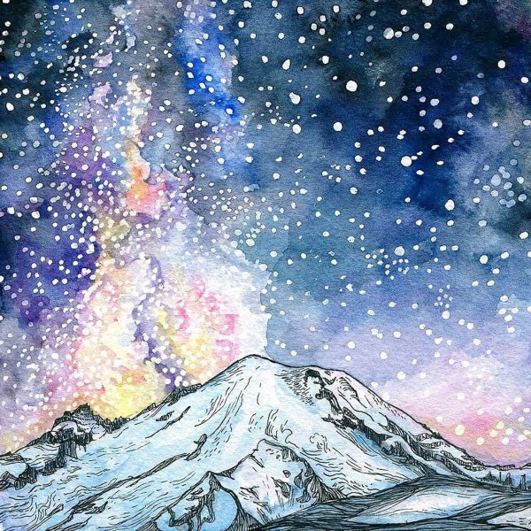 Космос и горы акварелью