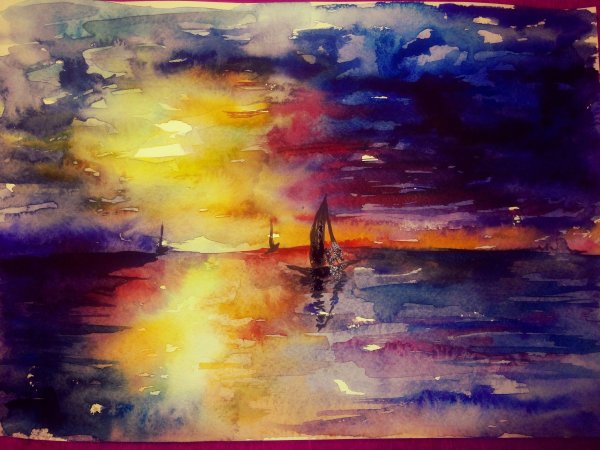 Морской закат акварелью