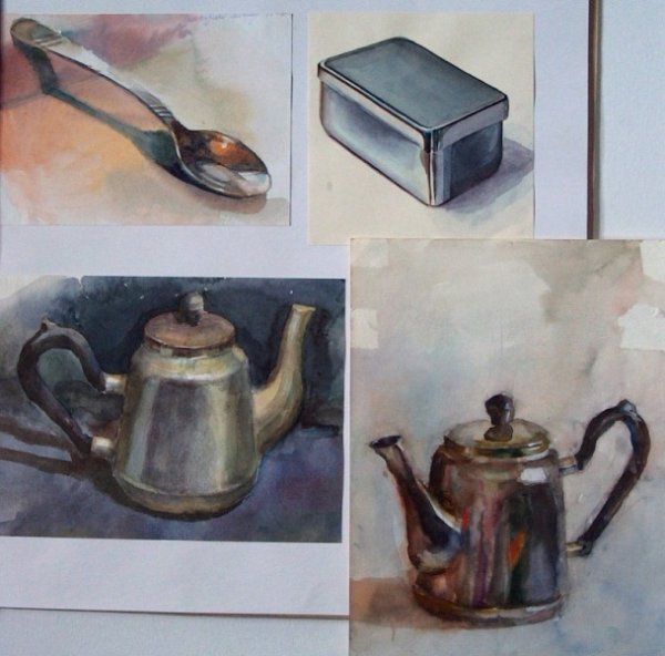 Металлические предметы акварелью