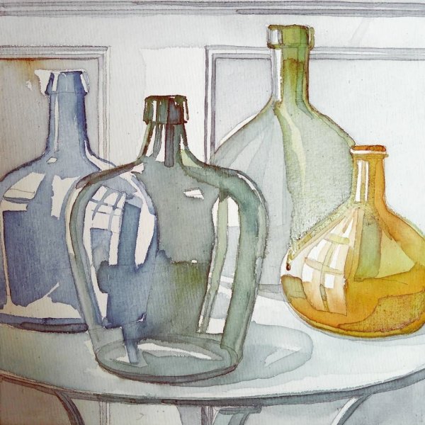 Стеклянная бутылка акварелью