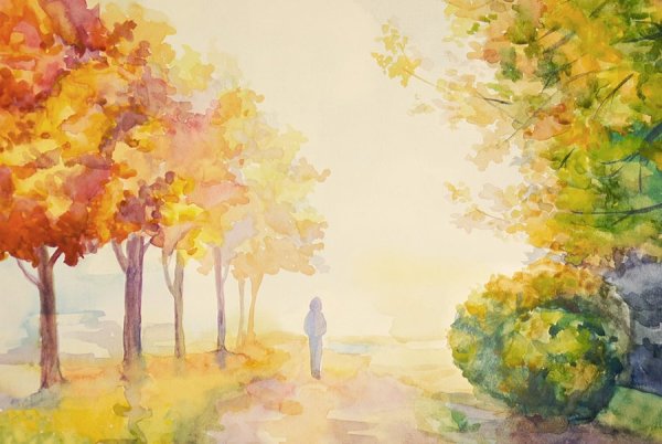 Пейзаж осени красками акварелью