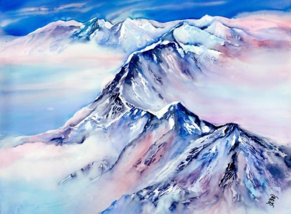 Снежные горы гуашью