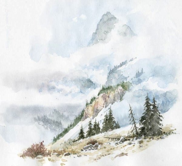Скетчинг акварелью Швейцария горы