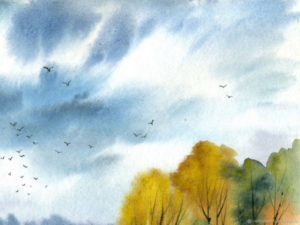 Осенние пейзажи с небом акварелью