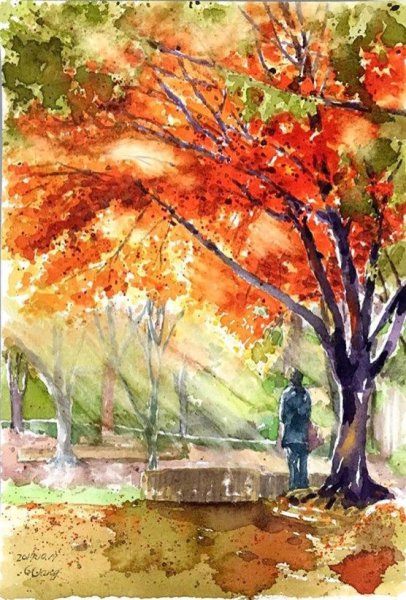 Осенний пейзаж акварелью листопад