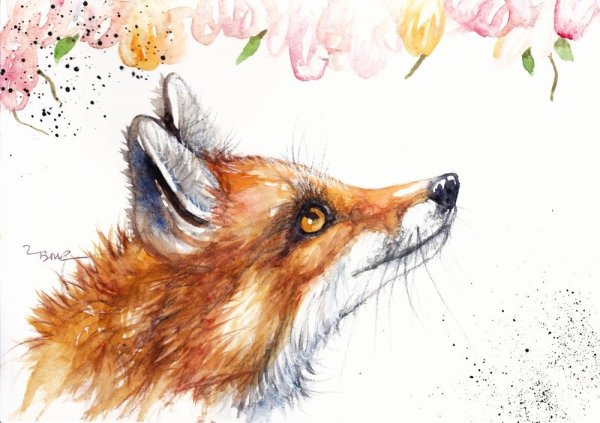 Лиса с цветами акварель