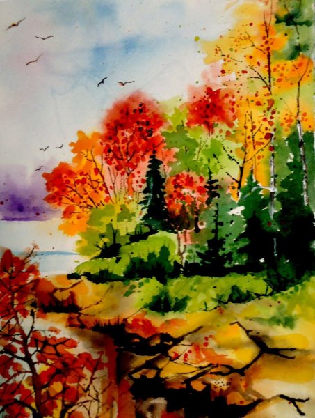 Осенний пейзаж акварелью