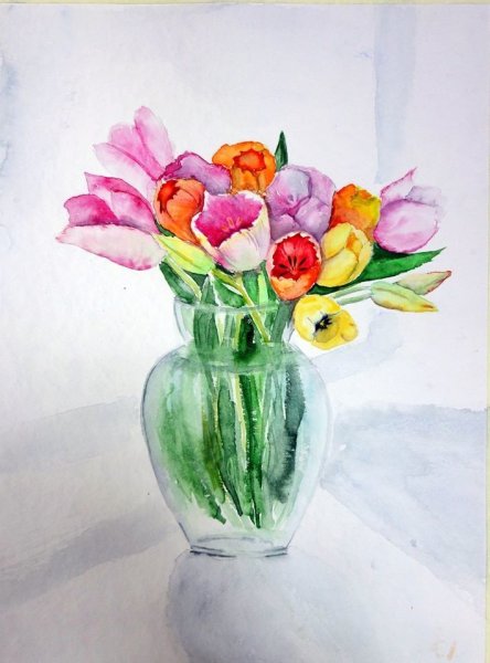 Букет цветов акварелью на прозрачном фоне в вазе