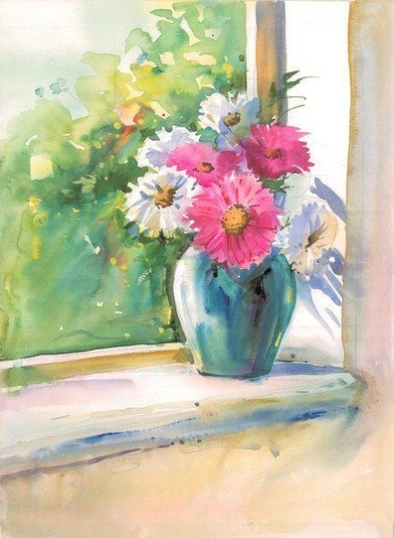 Цветы в вазе акварелью