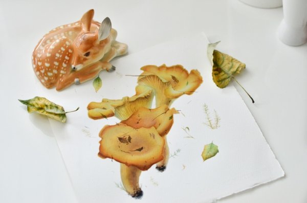 Грибочки акварелью лисички