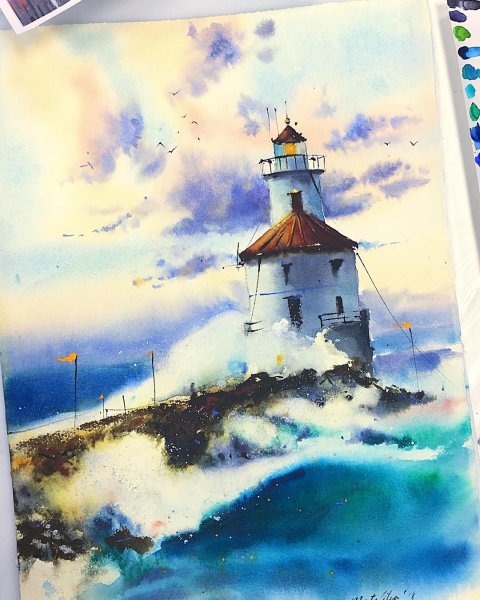 Акварельный скетчинг Маяк и море