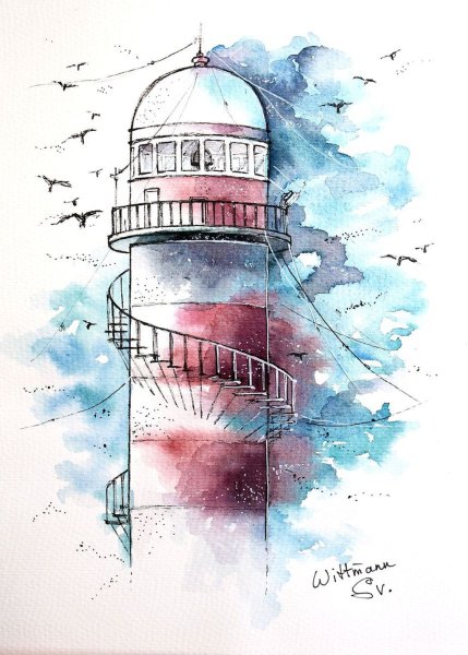 Скетч Маяк акварелью
