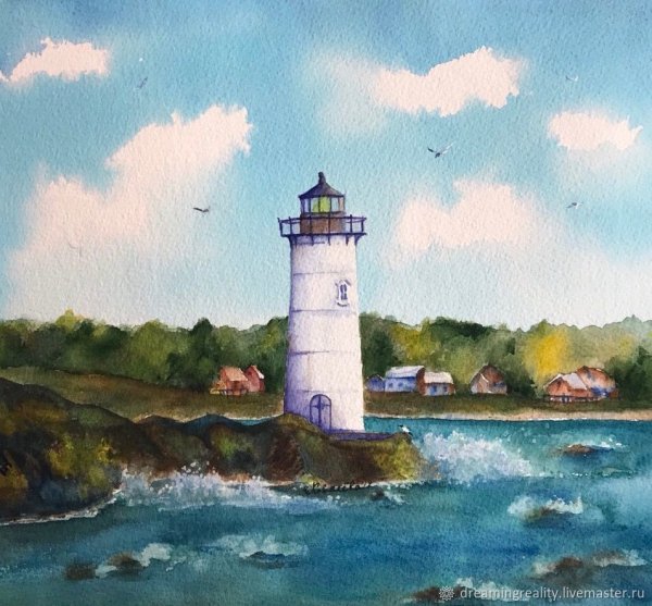 Акварель море Маяк