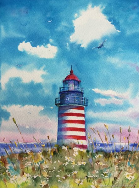 Акварель море Маяк