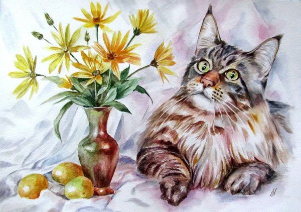 Рыжий кот акварелью