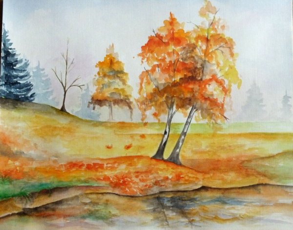 Золотая осень акварель