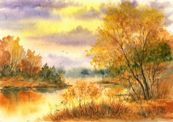 Пейзаж акварелью осень