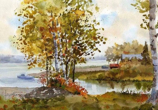 Осенний пейзаж пленэр акварель