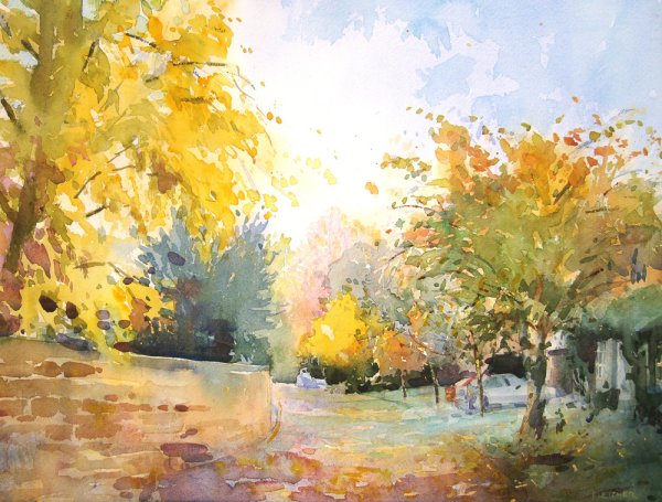 Простой осенний пейзаж акварелью